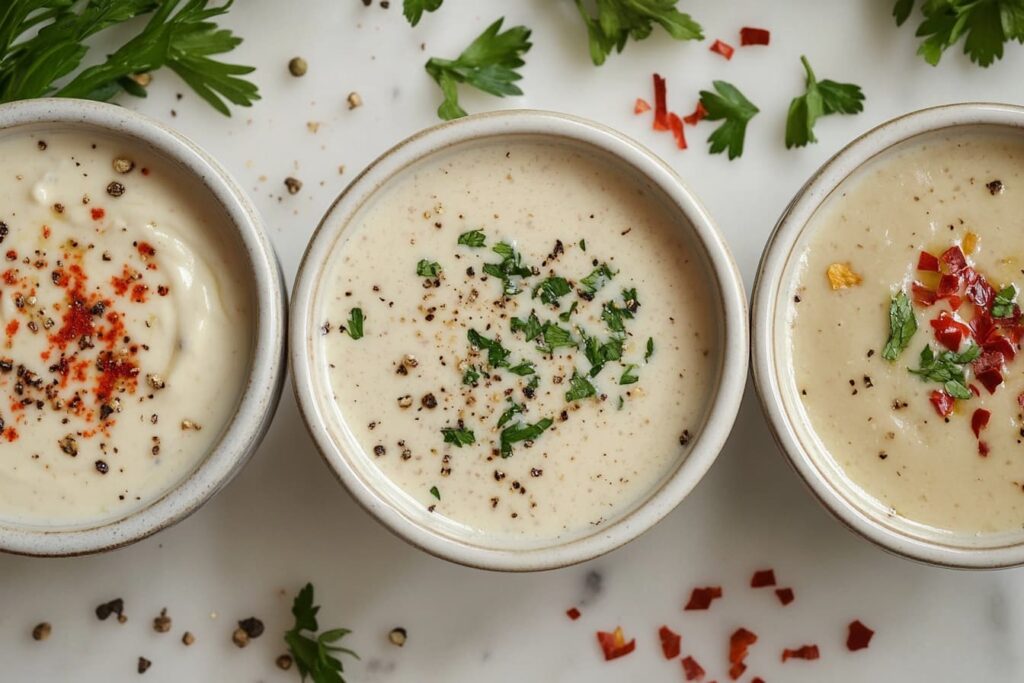 Three variations of Garlic Parmesan sauce in bowls.
