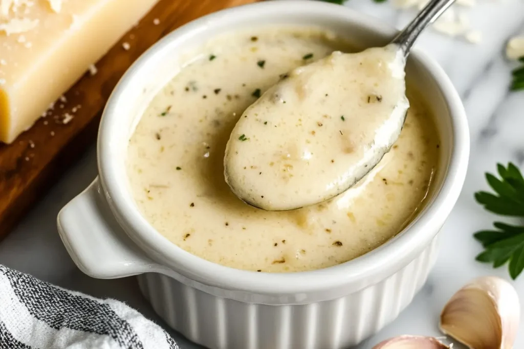 A bowl of creamy Garlic Parmesan sauce with fresh ingredients.
