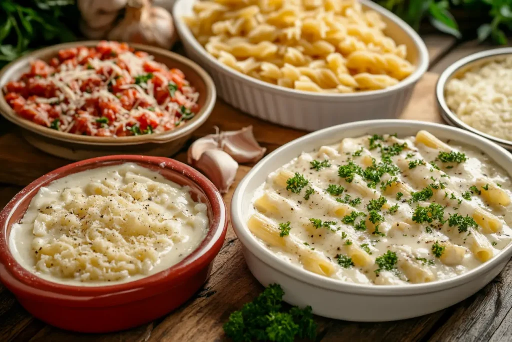 A delicious comparison of garlic parmesan sauce and Alfredo sauce on pasta