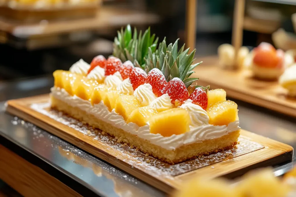 Taiwanese pineapple cakes with fresh pineapples on a wooden plate.