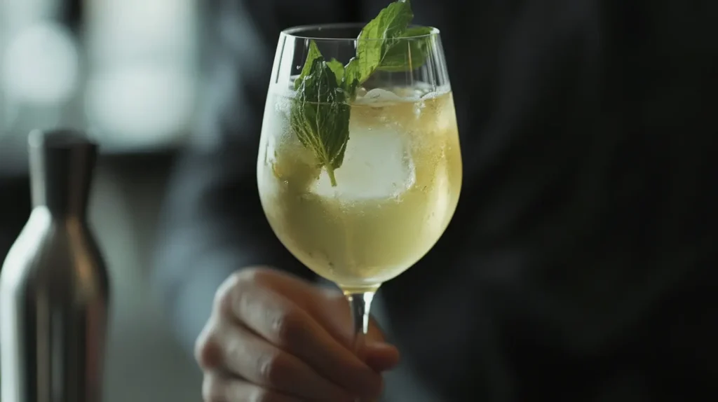 A refreshing Hugo Spritz cocktail with mint, lime, and ice in a wine glass.