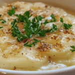 Close-up of a creamy hash brown potato soup with a golden-brown crust and fresh parsley garnish in a white bowl.