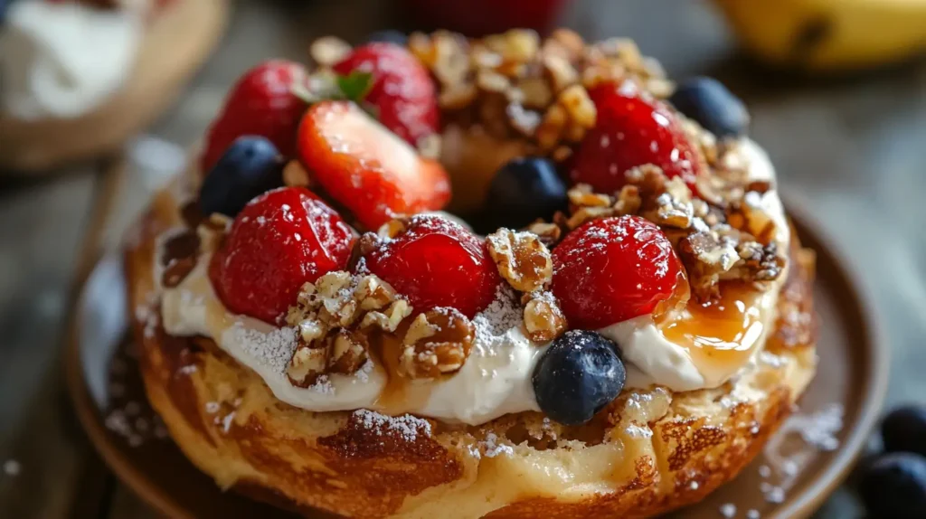 French toast bagel with maple syrup, berries, and powdered sugar.