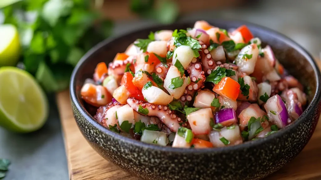 Octopus ceviche with diced vegetables, cilantro, and lime in a black ceramic bowl.