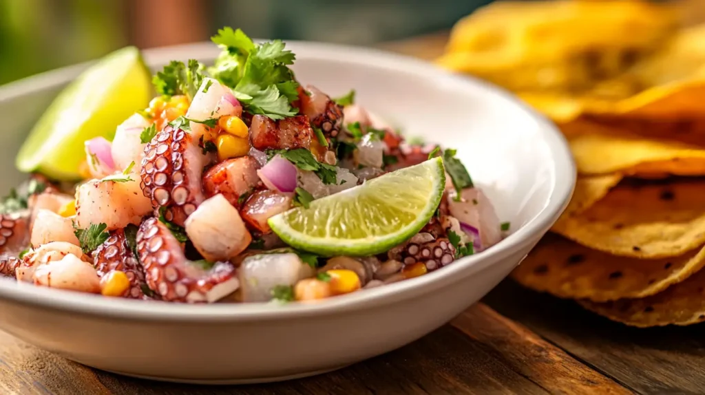 A bowl of octopus ceviche garnished with lime and cilantro.