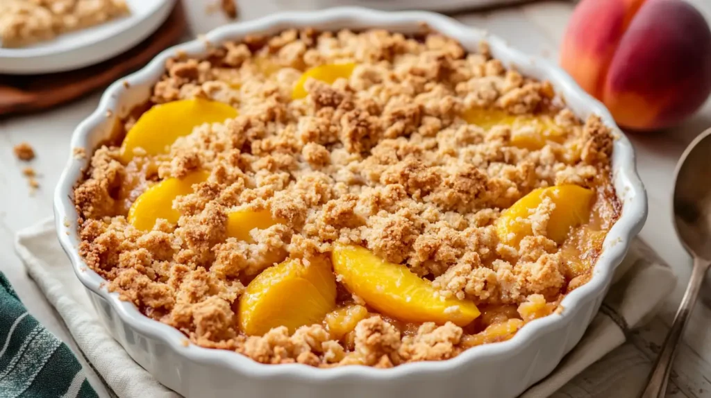 Golden and crispy homemade peach crumble with juicy peach slices and a buttery crumb topping in a white ceramic dish.