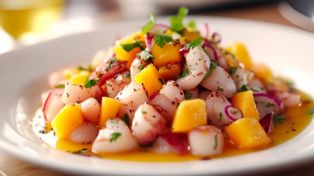 A plate of mango and octopus ceviche garnished with cilantro and lime.