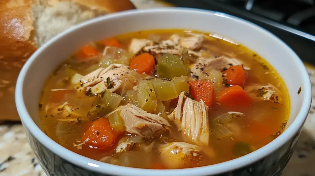 A steaming bowl of homemade chicken cabbage soup with tender shredded chicken, chopped cabbage, carrots, celery, and flavorful herbs in a rich broth. Served with fresh bread.