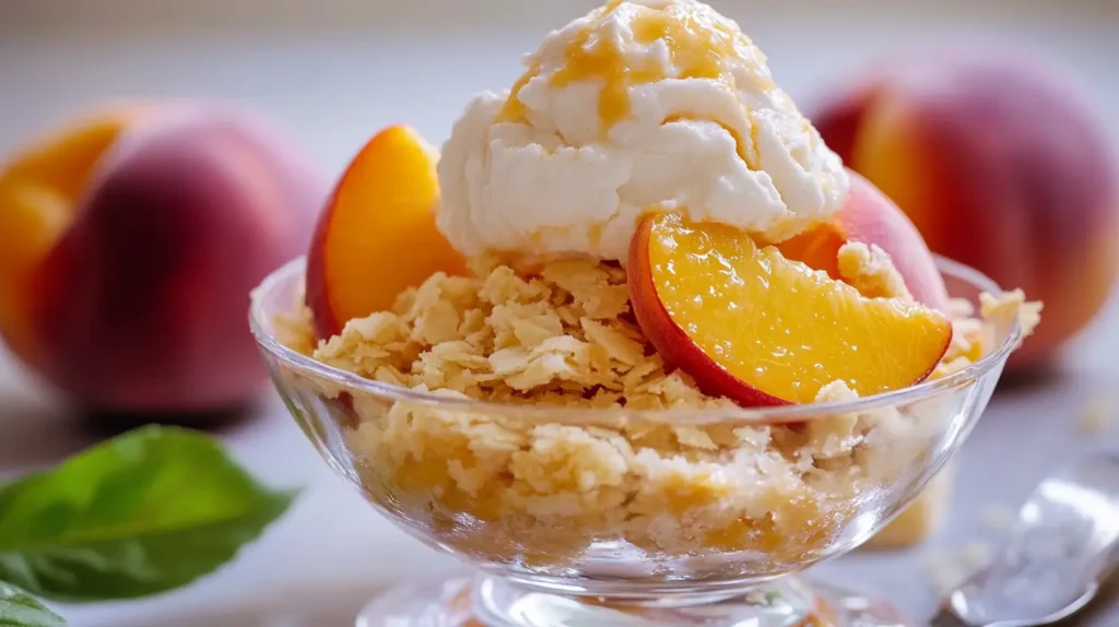 A glass dessert dish filled with peach crumble, topped with a scoop of vanilla ice cream and drizzled with caramel sauce. Fresh peach slices are placed around the ice cream. Whole peaches and a green basil leaf are in the blurred background.