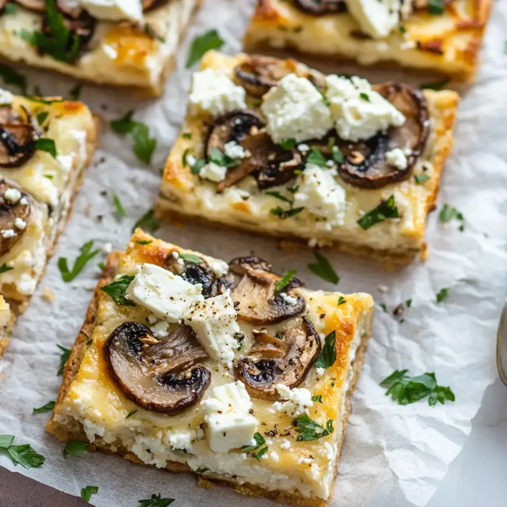 Savory feta and mushroom brunch squares on parchment.