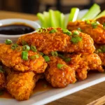 Buffalo Chicken Tenders on plate with dipping sauce and celery sticks