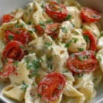 Bowl of creamy Boursin pasta with roasted cherry tomatoes and fresh herbs — a quick, gourmet pasta recipe full of flavor.